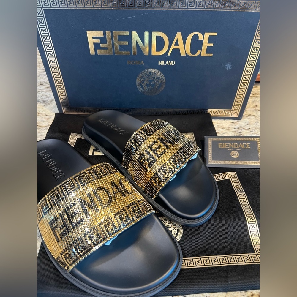 FENDACE Fendi x Versace Collab Gold Metal Mesh Black Pool Slides Rubber EU 40